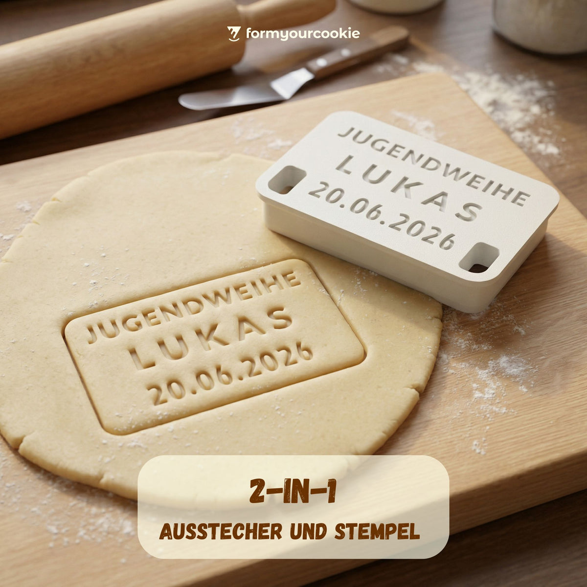 2-in-1-Keksausstecher mit drei personalisierten Textzeilen