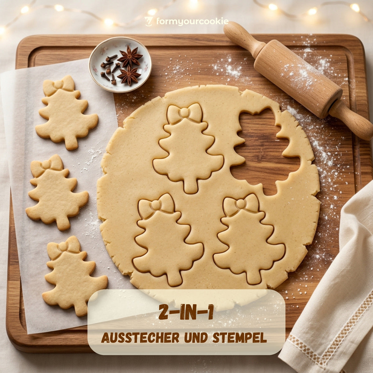 Weihnachtsbaum mit Schleife – Weihnachts-Keksausstecher mit Prägung – 7x5cm