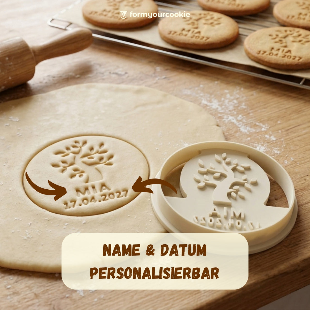 Personalisierter Lebensbaum-Keksausstecher – Name & Datum – 7x7cm