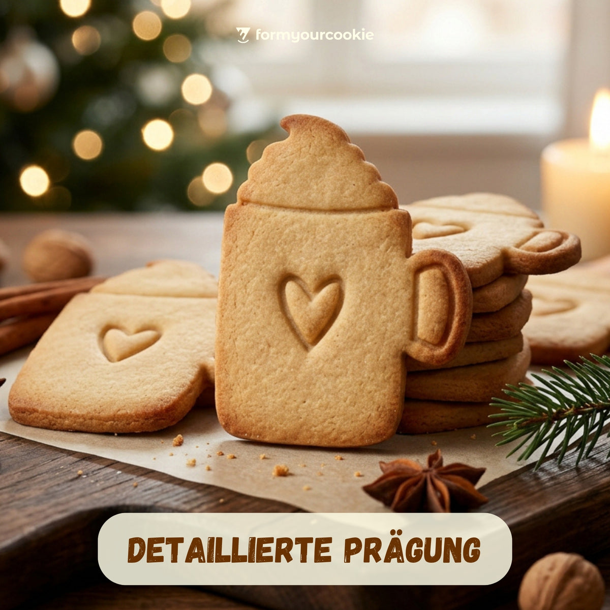 Kakao-Tasse mit Sahne & Herz – Weihnachts-Keksausstecher mit Prägung – 7x5cm
