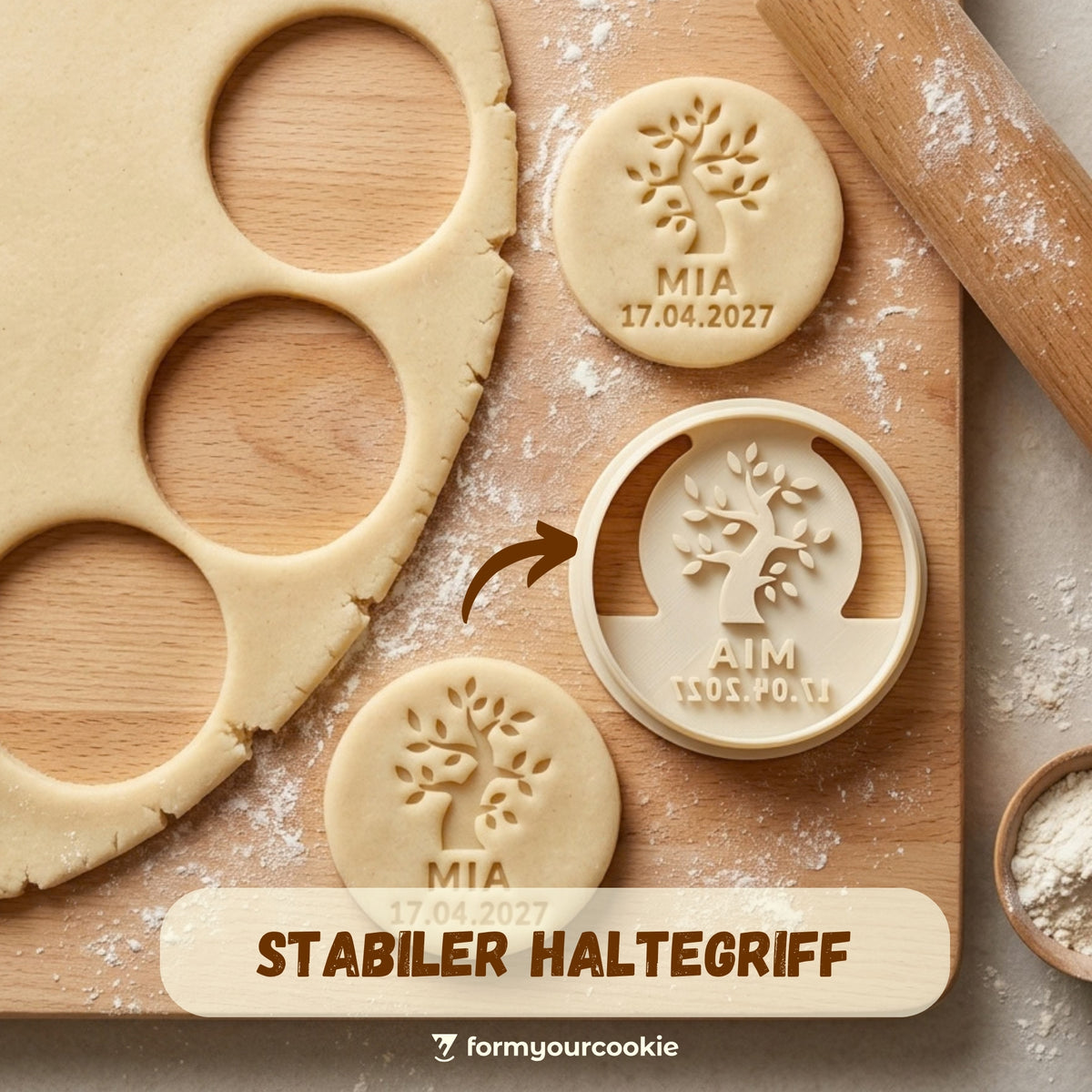 Personalisierter Lebensbaum-Keksausstecher – Name & Datum – 7x7cm