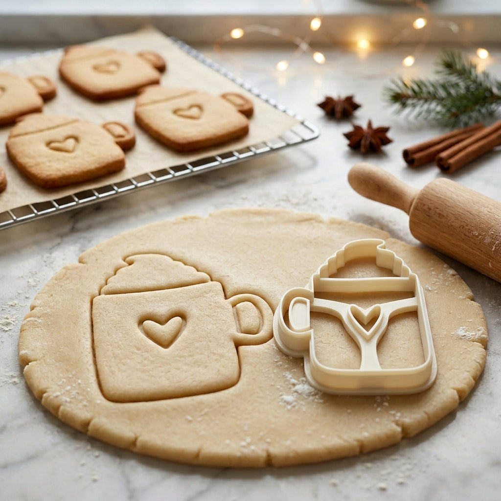 Kakao-Tasse mit Sahne & Herz – Weihnachts-Keksausstecher mit Prägung – 7x5cm